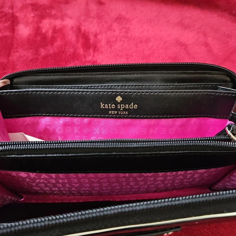 Kate Spade Black and Cream Striped Patent Leather Wallet